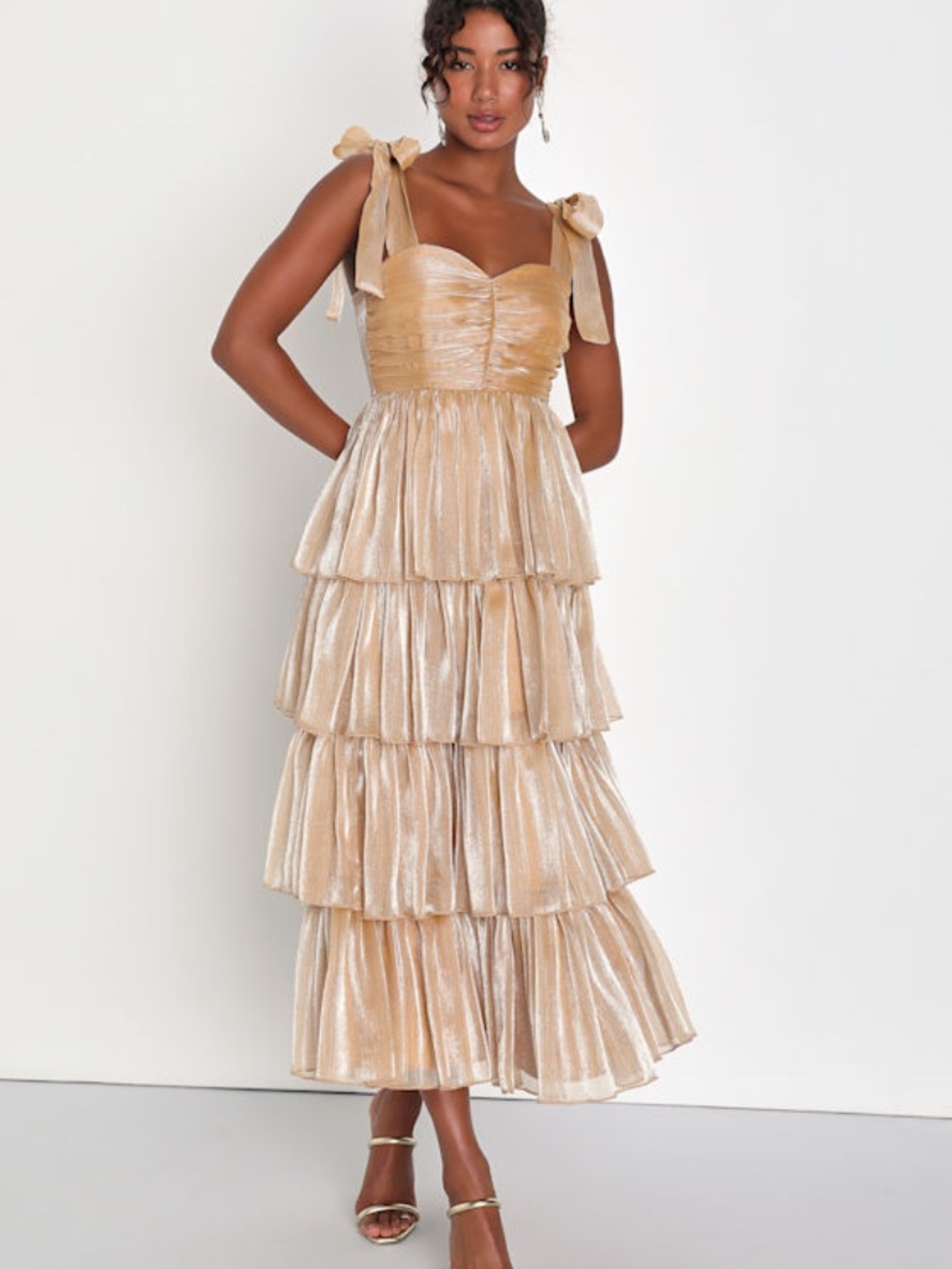 Lulus Radiant Arrival Shiny Gold Organza Tiered Tie-strap Maxi Dress - Size M